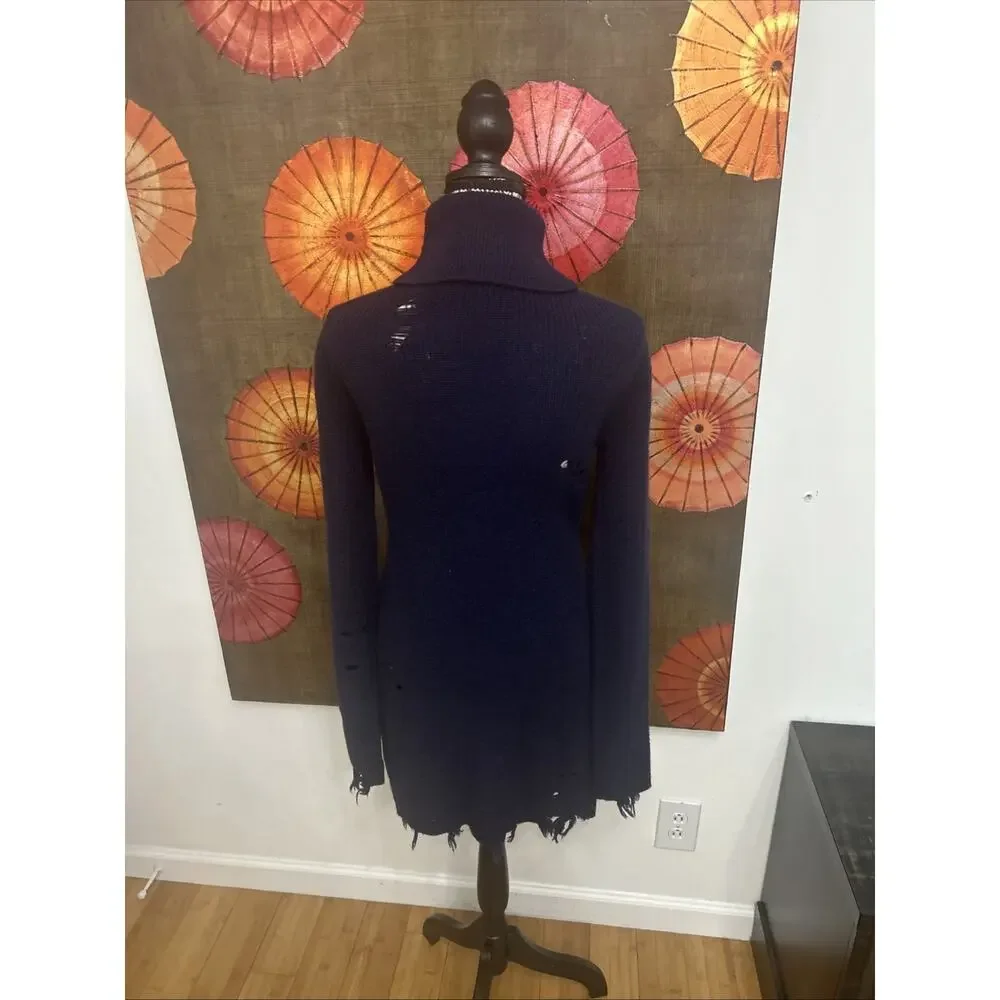 NWT Lovers + Friends Revolve Distressed Turtleneck Wool Blend Knit Dress Navy SM